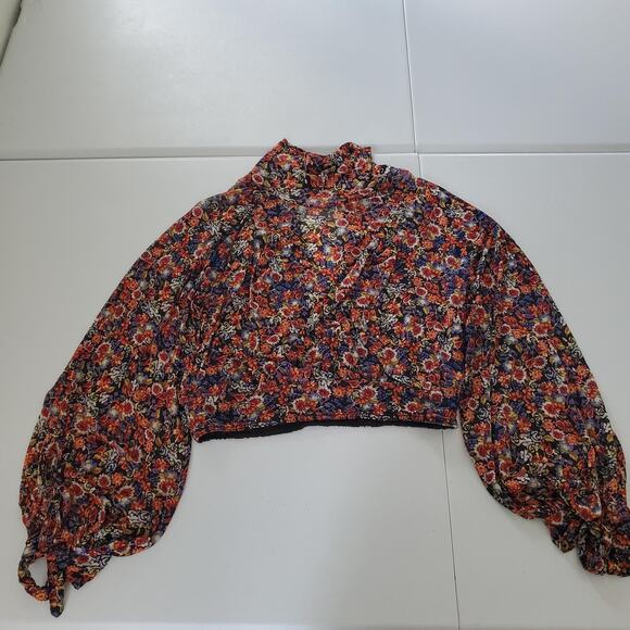 Free People Blouse Womens Medium Black Floral Sheer Mesh Long Sleeve Ruffle Neck - Picture 1 of 8